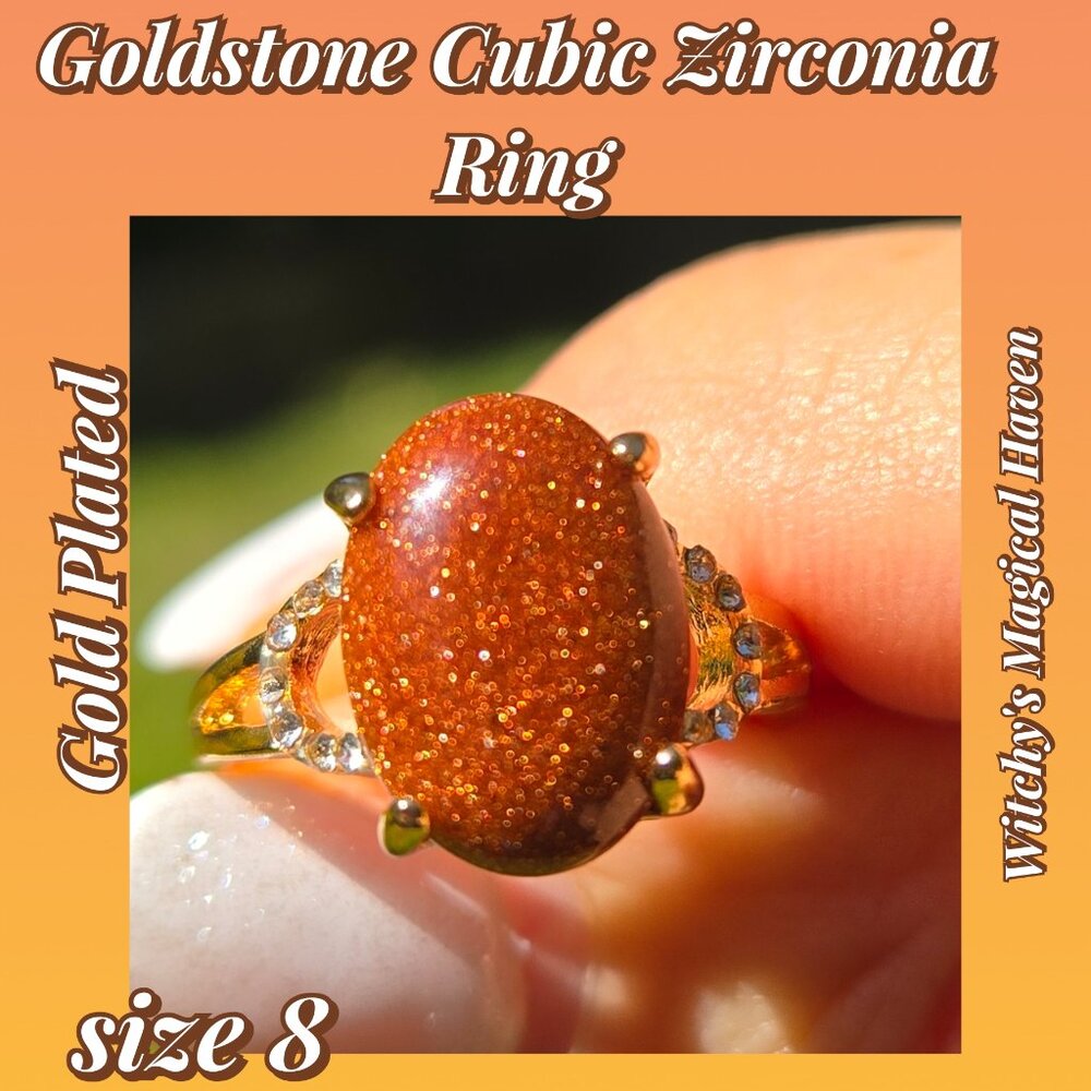 Gold-Plated Goldstone Gemstone Ring adorned with Cubic Zirconia, Size 8